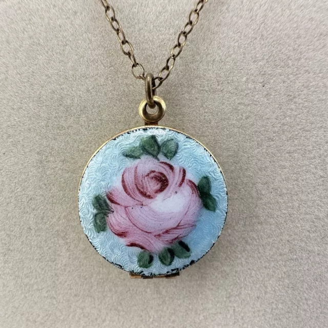 18” 1920-30s Antique Brass Hand-Painted Guilloché Enamel Rose Locket Necklace