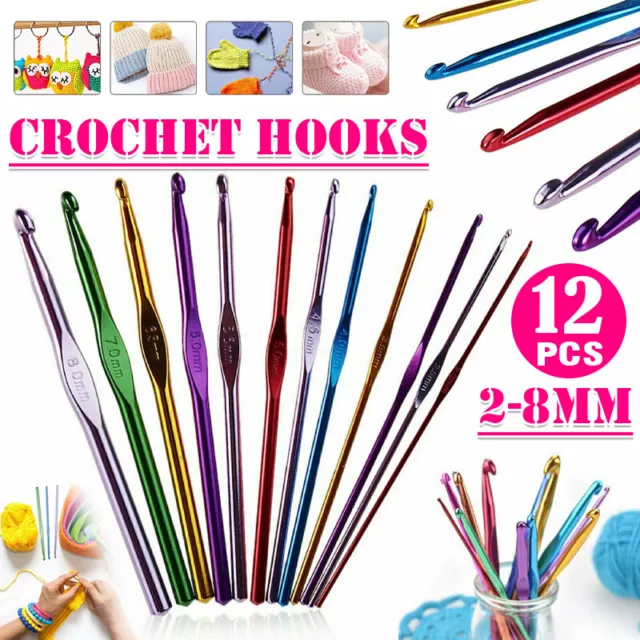 12 Size Multi Coloured Aluminium Crochet Hooks Yarn Knitting Needles 2-8mm Set