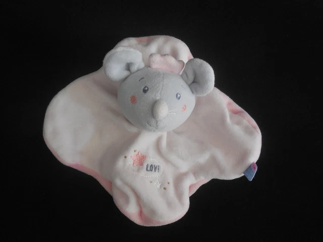 doudou plat souris rose gris brodé Love étoile SUCRE D'ORGE