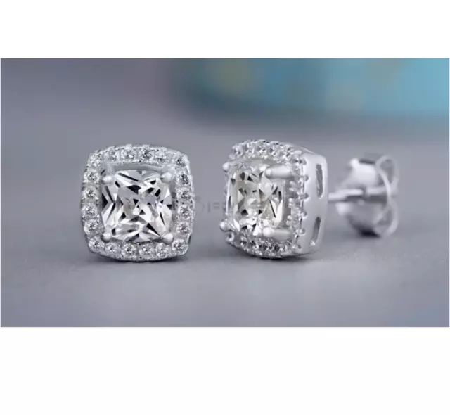 18K White Gold Plated Round Square Silver Cubic Zirconia Bling Stud Earrings