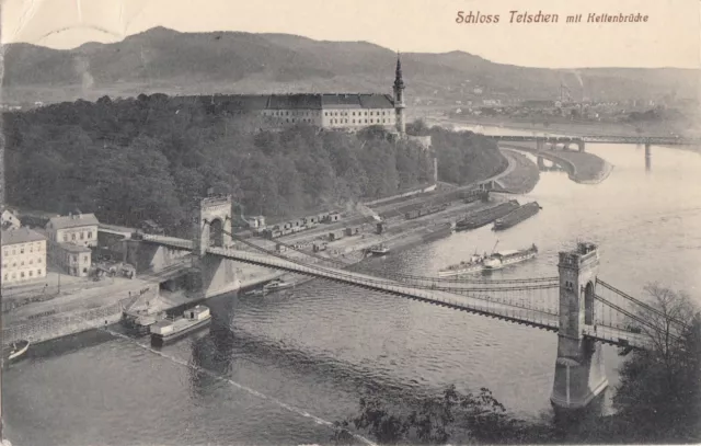 Postcard Tetschen Castle with chain bridge steamer 1913 Děčín Bodenbach Bohemia O87