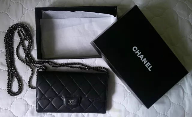 CHANEL Black Lambskin East West Quilted Wallet With Removable Chain And Box