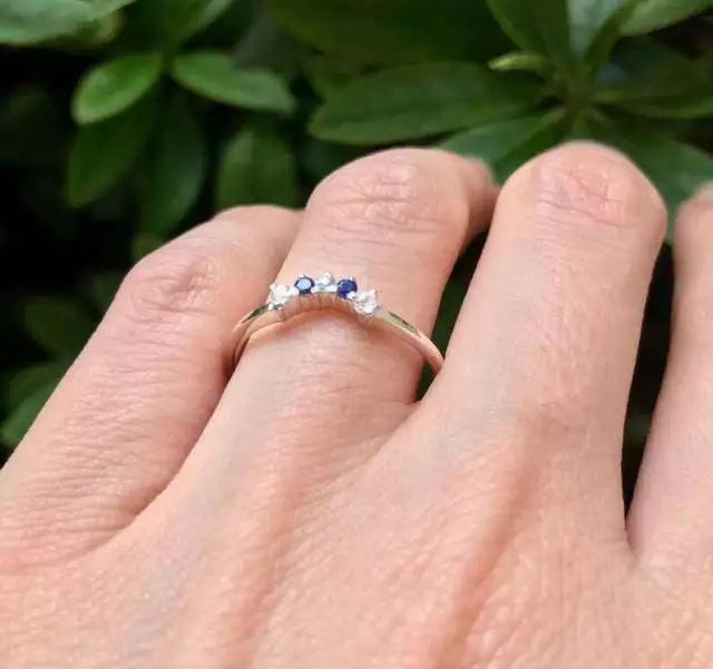 1Ct Round Blue Sapphire Wedding Band Five Stone Minimalist 14K White Gold Finish