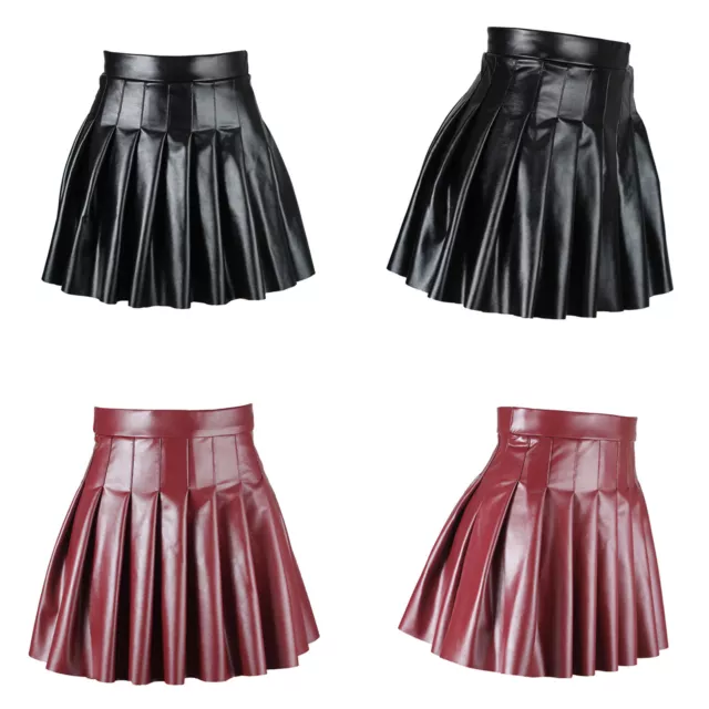 Womens Shiny Flared Pleated Mini Skater Skirt High Waist PU Leather A-Line Skirt