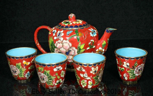 9.6" Old China Red Cloisonne Enamel Dynasty Palace Flower Handle Teapot Cup Set