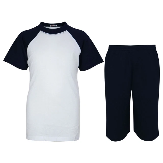 Bambine Ragazzi Navy Raglan Stile Pigiama Contrasto T-Shirt Set Pantaloncini