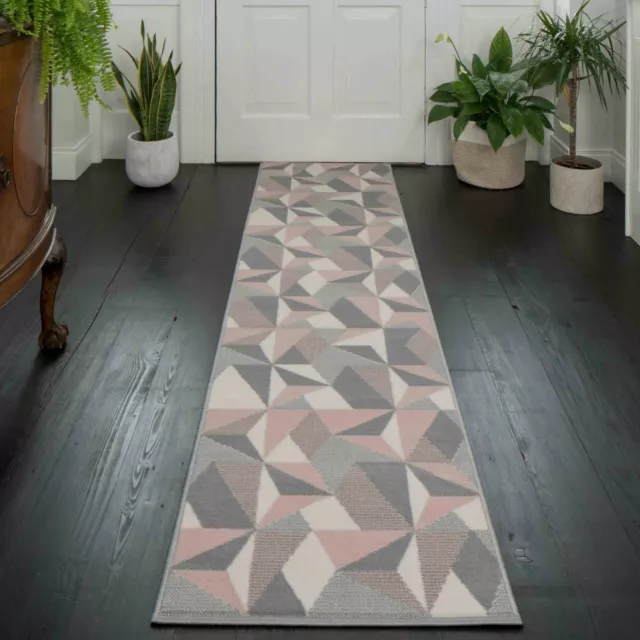 Pink & Grey Hallway Runner Rugs Long Geometric Carpet Mats Modern Cheap Decor UK