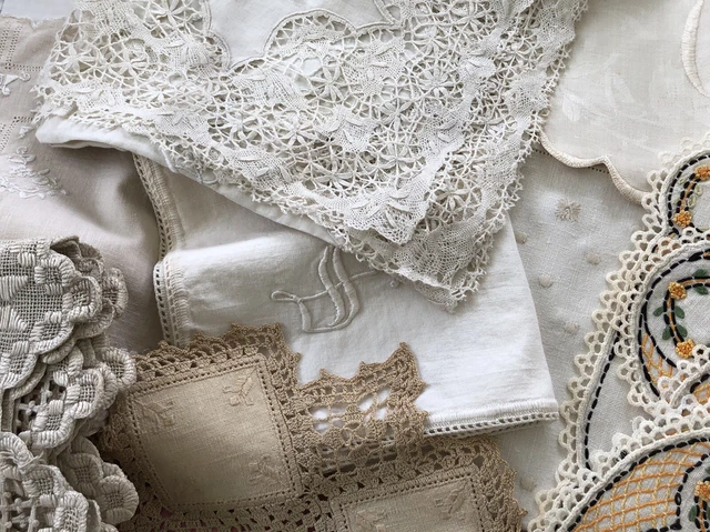 LINENS LACE FINE ANTIQUE Runners Damask Tablecloths Doilies Monograms Vtg Lot