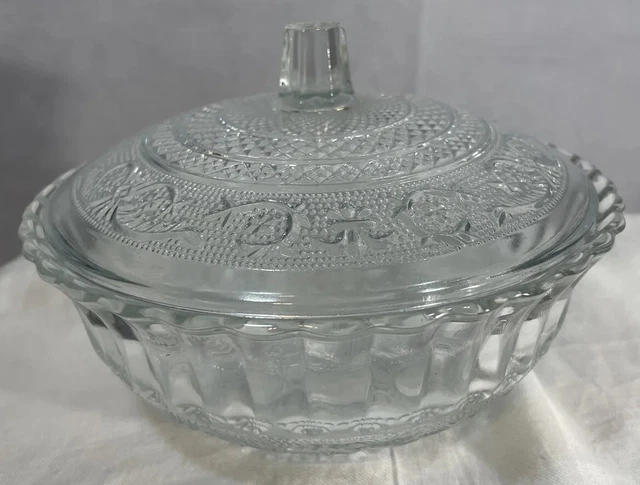 Vintage KIG Malaysia Clear Glass Candy Dish Fleur de Lis Trellis Diamond Dot