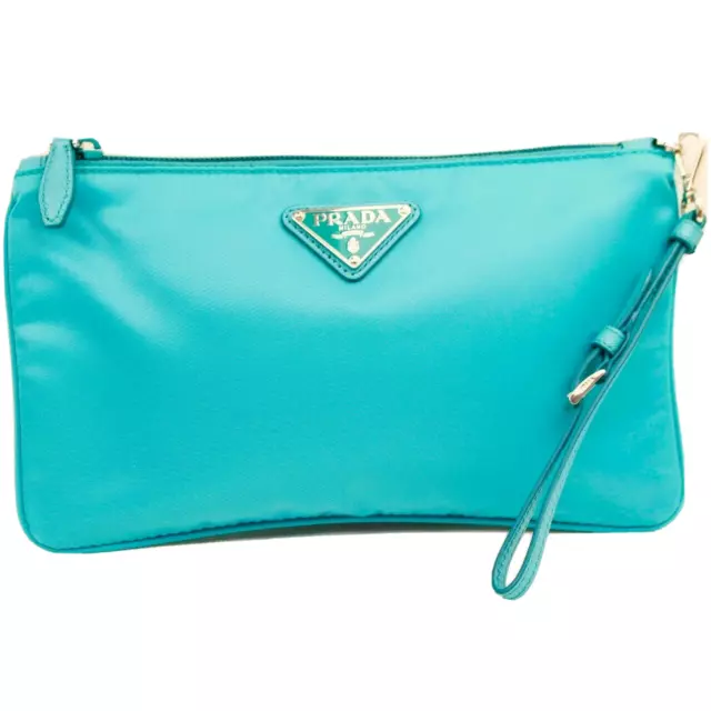 Prada Tessuto Turquoise Nylon Cosmetic Case Wristlet Clutch Bag New