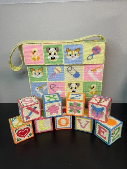 Vtg Baby Bag Case 9 Letter Needlework Blocks w/bells Handmade Cross-stitch Toy
