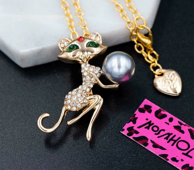 Betsey Johnson Crystal Rhinestone Enamel Cat Pendant Chain Necklace Brooch Pin