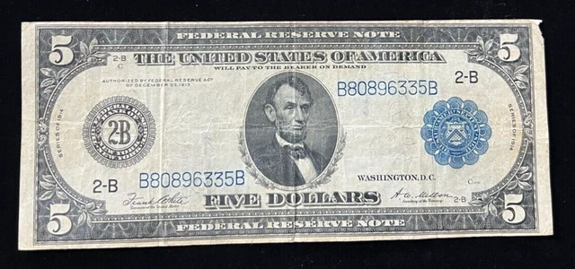 1914 Large Size Blue Seal $5 Federal Reserve Note 2-B New York Five Dollar