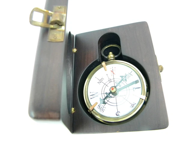 English Compass Wooden Box 1920 Brass Antique Look London Dollond Maritime Decor