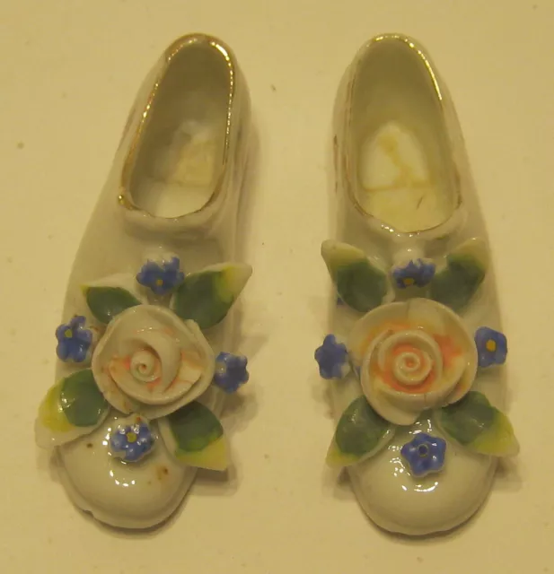 1960's Pair Miniature Porcelain Shoes FLORAL Appliques Made in Japan!!!!