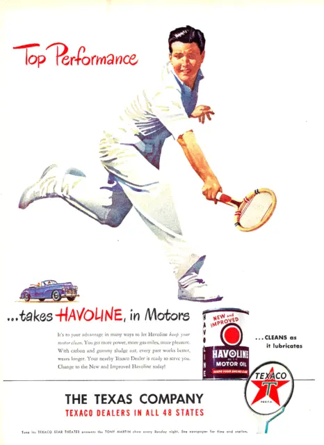 Texaco Havoline Motor Oil Top Performance Tennis Player 1947 Print Ad