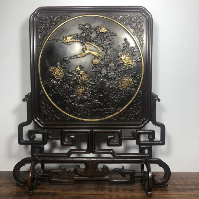 Chinese Exquisite Handmade Flowers Bird Gilt Bronze Statue Screen