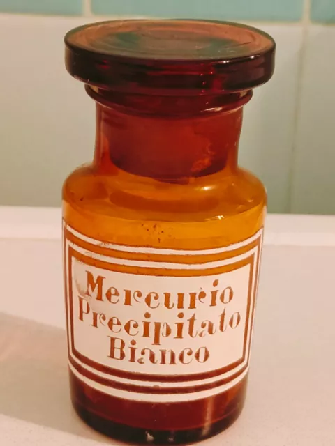 ANTICO VASETTO FLACONE Laboratorio Farmacia MERCURIO PRECIPITATO BIANCO in vetro