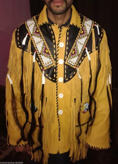 Classyak Men's Indian Western Leather Vest Fringed & Beaded Brown