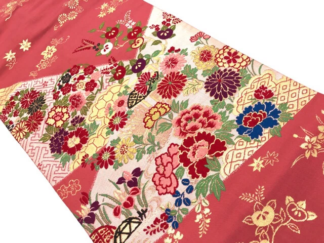39697# Japanese Kimono / Antique Nagoya Obi / Woven Peony With Kiku & Plants
