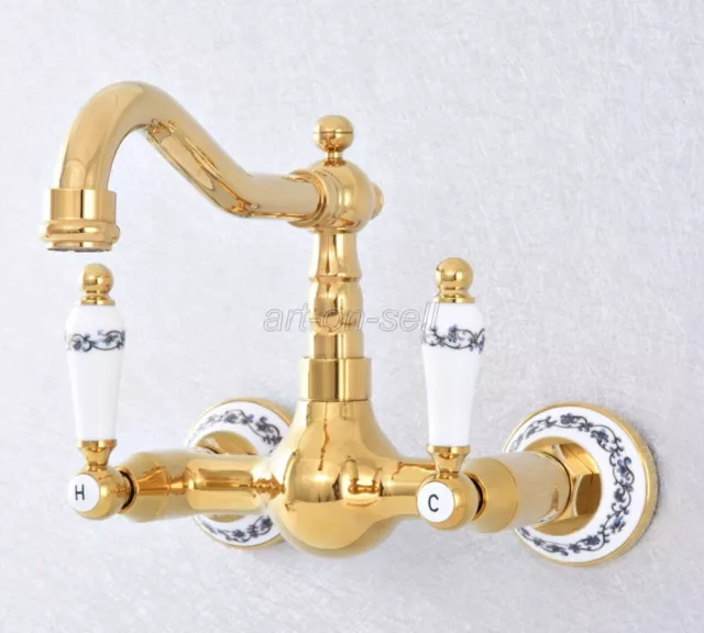 Gold Color Brass Bathroom Basin Sink Mixer Tap Wall Mounted Dual Handle Faucet