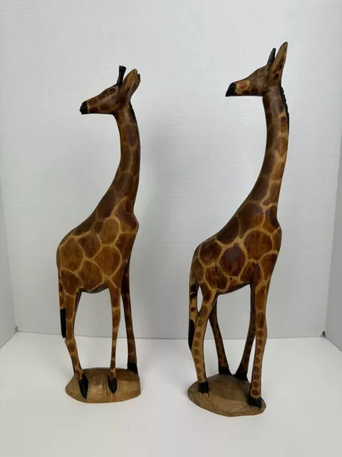 Wooden Carved Pair Of Giraffes 18 Inches Tall