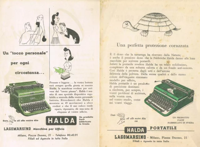 n.2 Pubblicità anni 50 - MACCHINA PER SCRIVERE HALDA-LAGOMARSINO - cm. 18,5 x 12