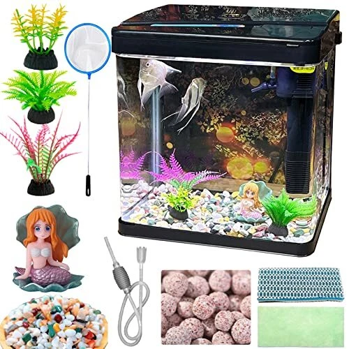 Glass Fish Tank 2.3 Gallon Aquarium Starter Kit Small Betta 2.3 Gallon-Black