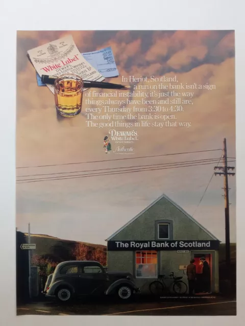 1980's Dewar's White Label Scotch Whiskey Royal Bank Vintage Magazine Print Ad