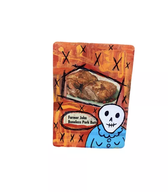 ACEO skeleton Small original tiny art painting on a playing card pork butt Food