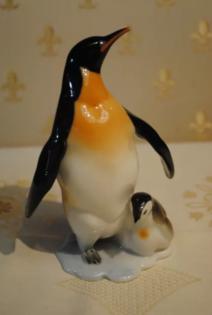 Hutschenreuther Porzellan Pinguin Paar, Pinguine Mutter mit Kind