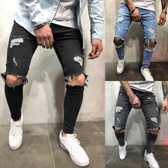 Plus Size Men Skinny Stretch Denim Pants Ripped Slim Fit Legging Jeans Trouser