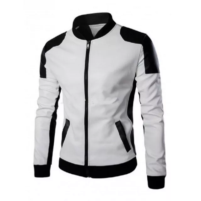 Nuevo Diseñador para Hombre Genuino Piel de Cordero Suave Chaqueta Biker Blanco