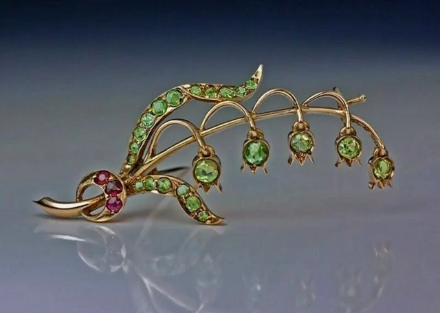 1Ct Round Cut Green Peridot Antique Style Victorian Brooch Pin 14K Gold On S925