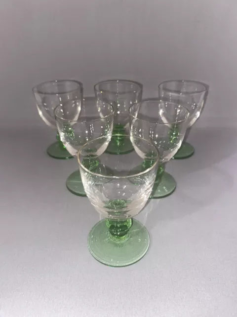 6 x VINTAGE GREEN STEMMED SHERRY LIQUOR SMALL WINE GLASSES CLEAR BOWL 8cm High