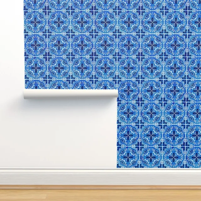 Removable Water-Activated Wallpaper Spanish Tile Watercolor Tiles Geometric Blue