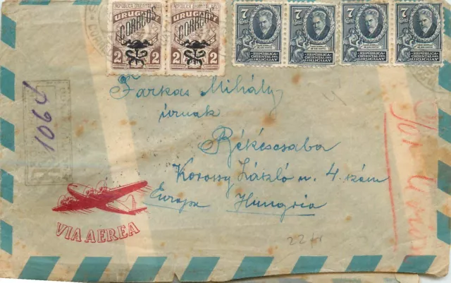 1. Uruguay registered air mail letter cover via Hungary 1930