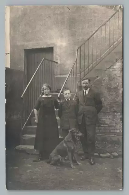 French Family Posing w Hound Dog RPPC Antique Real Photo Postcard CPA 1910s