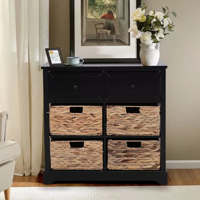 PHI VILLA Storage Cabinet with 2 Drawers 4 Water Hyacinth Baskets Living Room