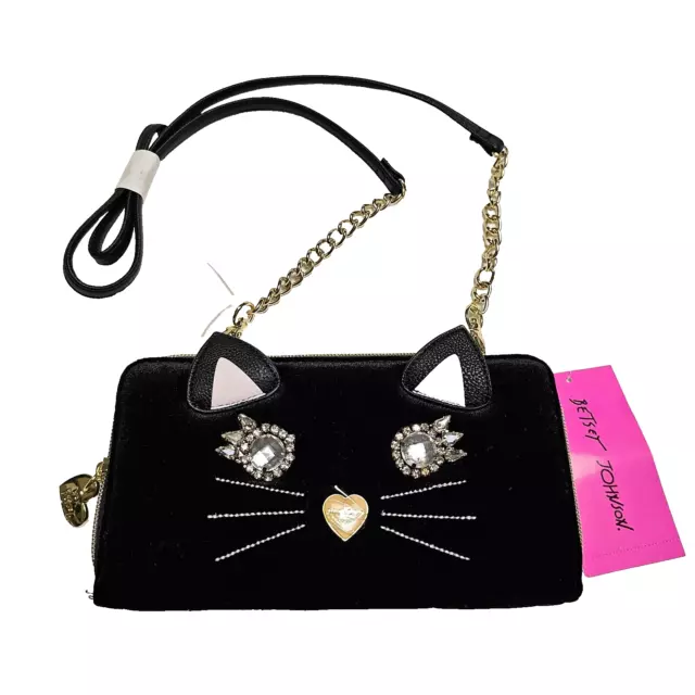 Luv Betsey Johnson Wallet On A String Faux Leather Cat Crossbody Black 8"x 4.5"