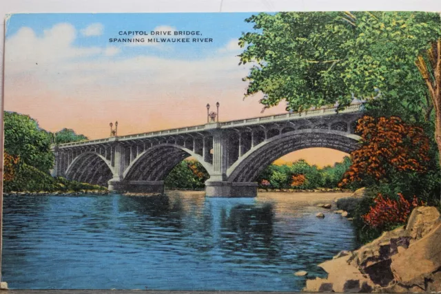 Wisconsin WI Milwaukee River Capitol Drive Bridge Postcard Old Vintage Card View