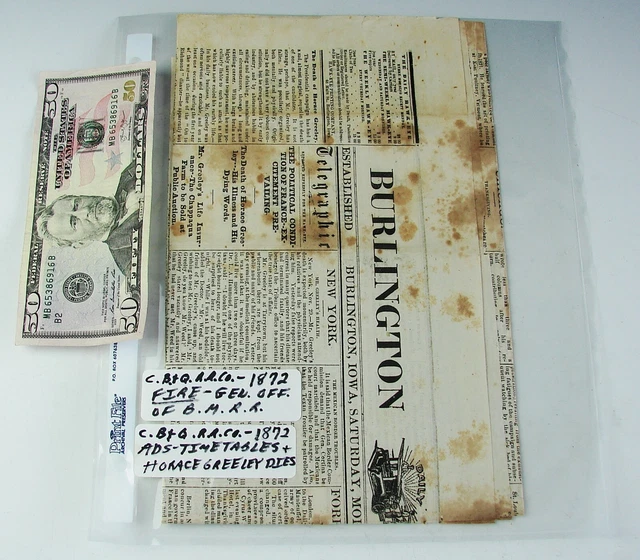 1872 Antique Vtg CB&Q CHICAGO BURLINGTON & QUINCY RAILROAD ADS TIMETABLES FIRE