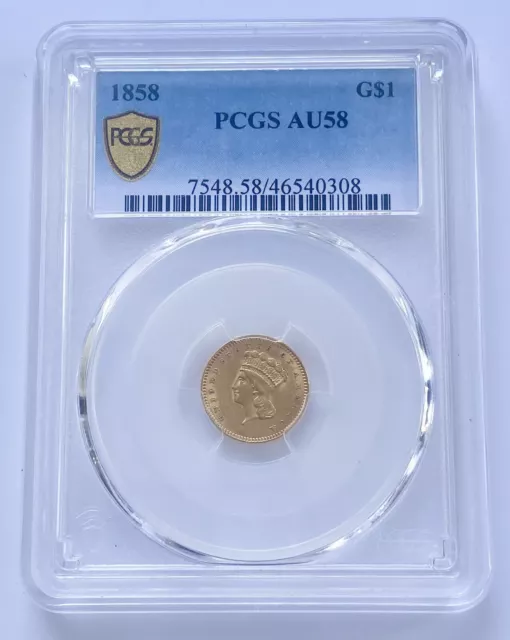 1858 PCGS AU58 Gold Coin $1 Type 3 Indian Princess Large Head