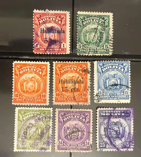 BOLIVIA stamps 8 coat of arms 1920’s 3 with surcharge overprint