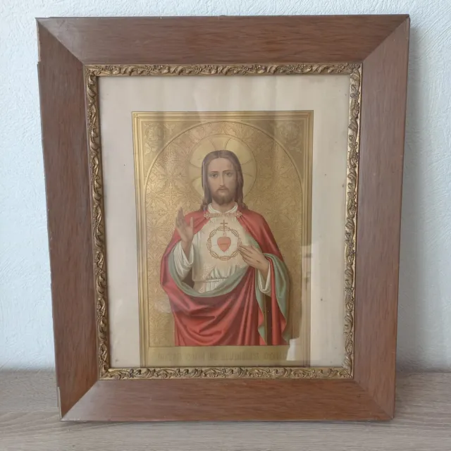 altes Heiligenbild  Jesus brauner Holzbilderrahmen