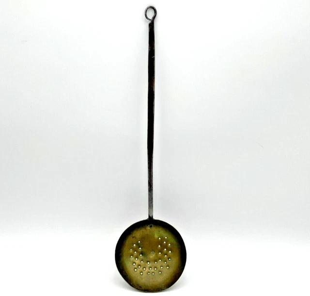 Antique Primitive Brass Handle Forged Handmade Slotted Strainer Rustic Farmhouse