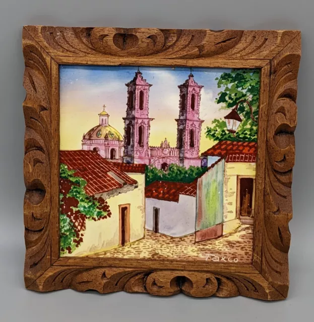 Taxco Mexico Hand Painted Tile Framed For Hanging 7.5" Square