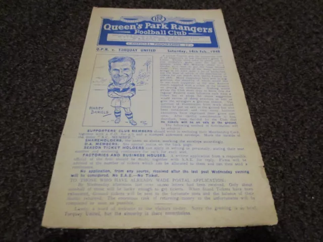 QUEENS PARK RANGERS  v  TORQUAY UNITED 1947/8  FEBRUARY 14  QPR CHAMPIONS SEASON