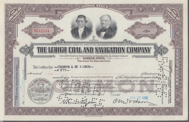 Lehigh Coal & Navigation Company 50-share stock certificate 4/27 1955