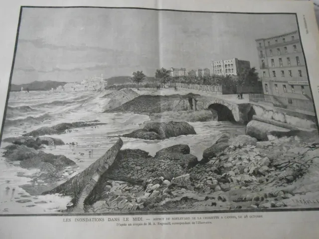 Gravure 1882 - Les inondations dans le midi Aspect de la croizette à Cannes